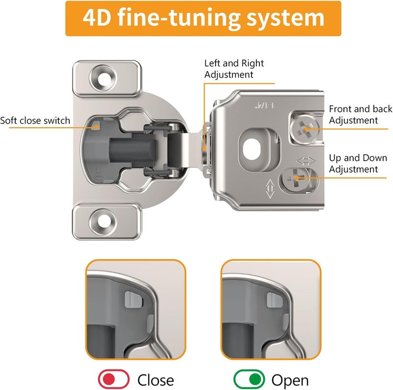 Chibery 10 Pack 1-1/4" 4D Concealed Hinges for Face Frame Door, Soft Close On/Off Switch, Self Closing, 105° Open Angle Concealed Stainless Steel Hinges for Framed Cabinet, Satin Nickel - Image 2